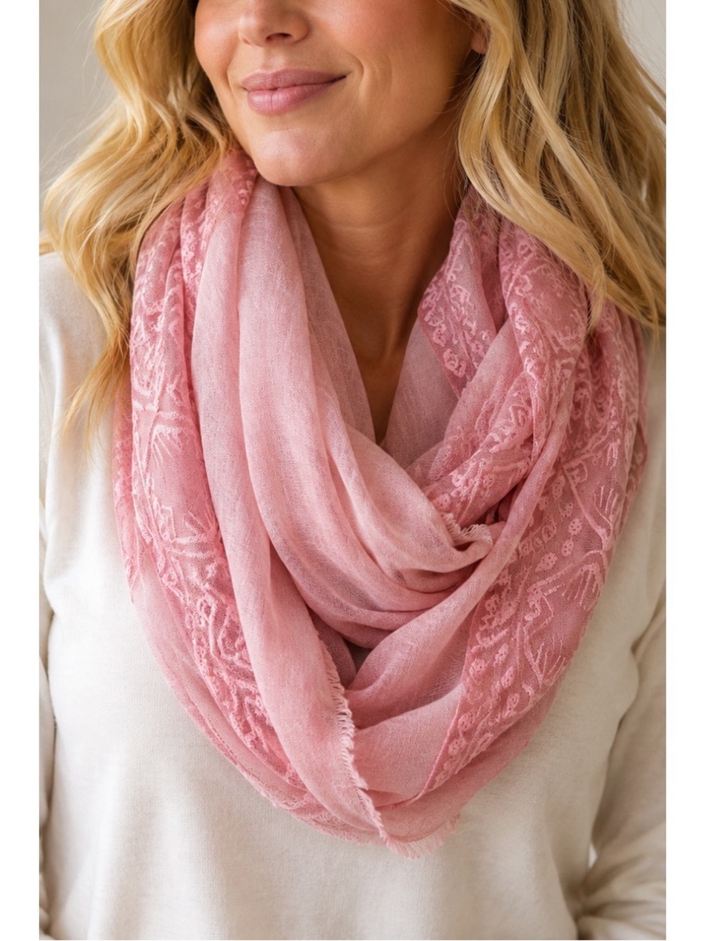 Pink lace infinity scarf